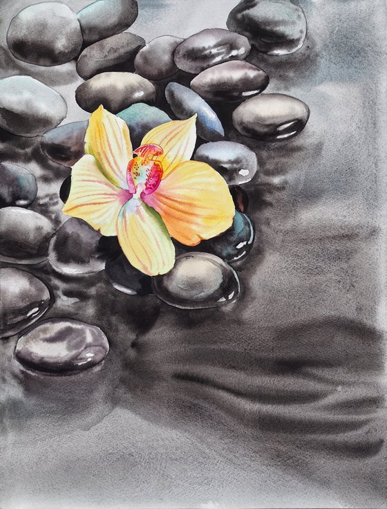 Diptych "Zen spa" - orchid and seastones - original watercolor grey, yellow and pink