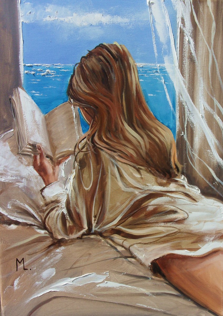 Expressive Portrait Oil Painting By Monika Luniak, 20 X 28", " Hotel Window With Book Reading ", Original Artwork