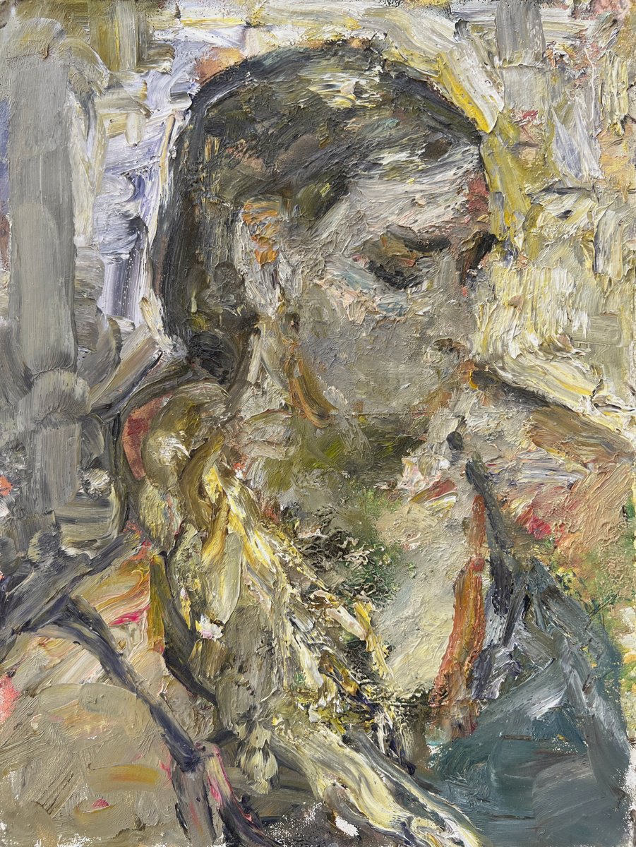 Expressive Portrait Oil Painting By Zakhar Shevchuk, 12 X 16", Spring Outside, Original Artwork