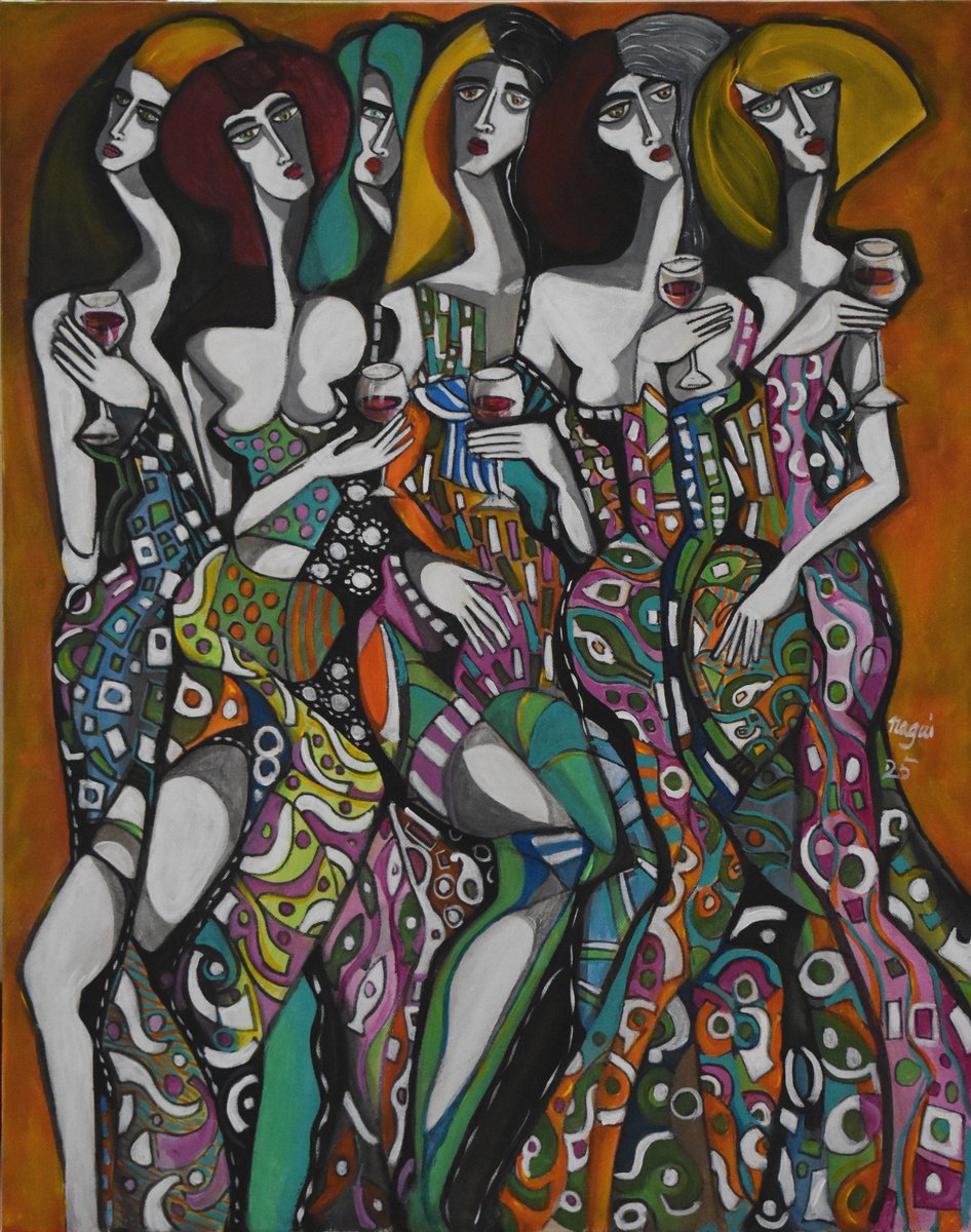 Expressive Portrait Acrylic Painting By Nagui, 24 X 30", Girls