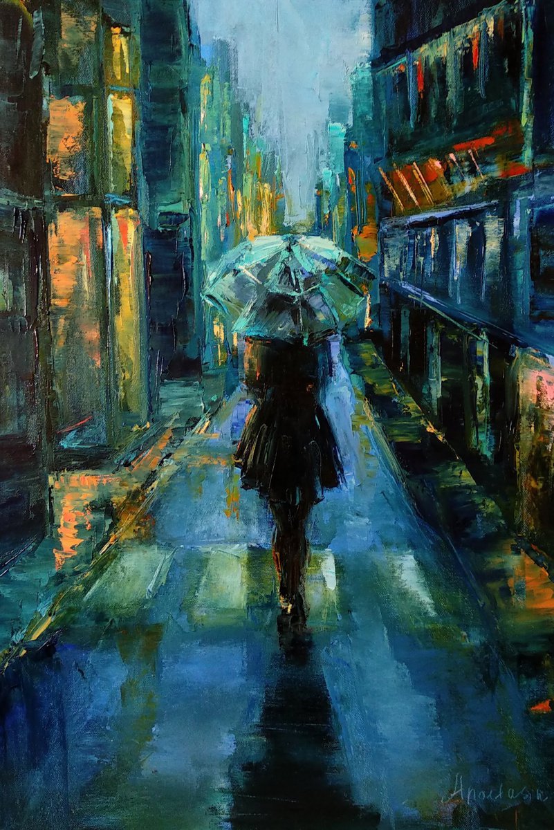 Cityscape Streets and lights After the rain by Anastasia Art Line