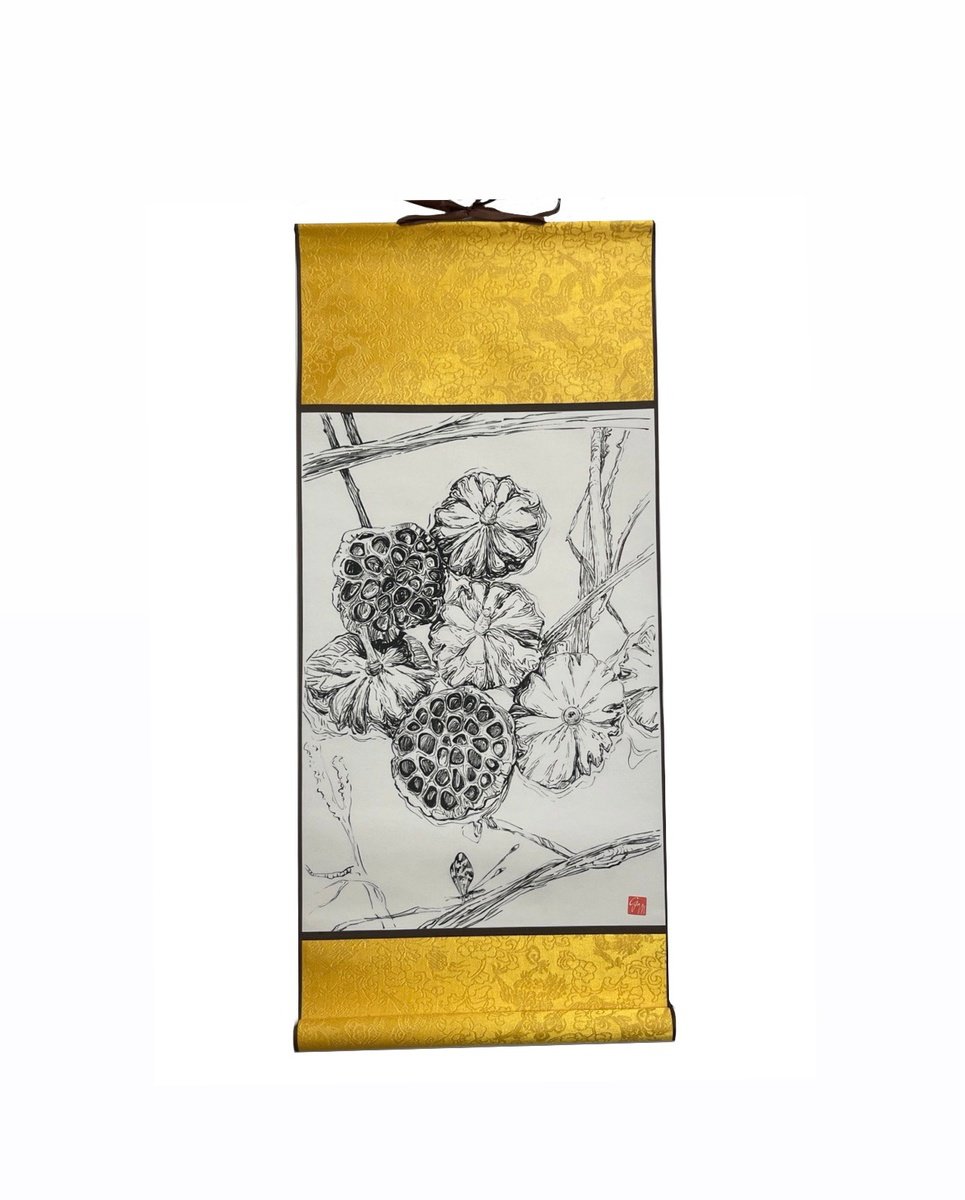 Ink Drawing , Lotus Pods Ink Drawing By Guzel Min, 13 X 28, Artwork For Sale On Artfinder