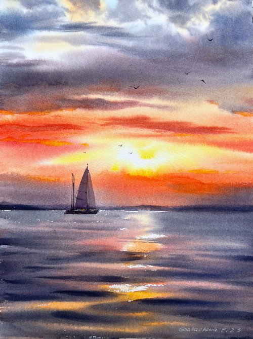 Yacht in the sea at sunset #7 by Eugenia Gorbacheva