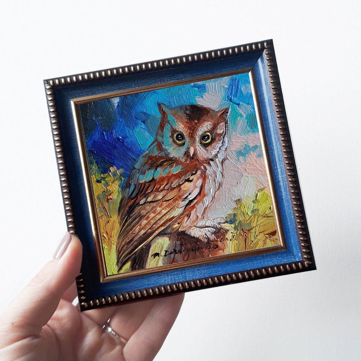 Owl bird painting original in frame 4x4 inch, Bird wall art bird celestial gift by Nataly Derevyanko
