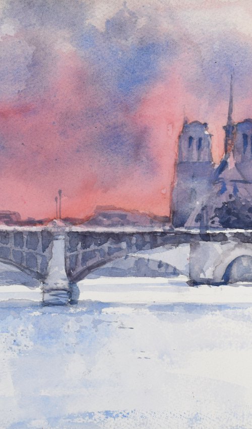 Notre Dame at sunset by Goran Žigolić Watercolors