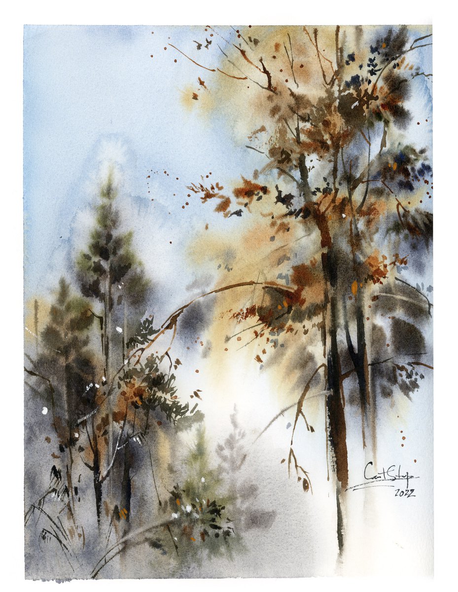 Forest Landscape Nature Watercolor Painting, Trees Painting by Sophie Rodionov