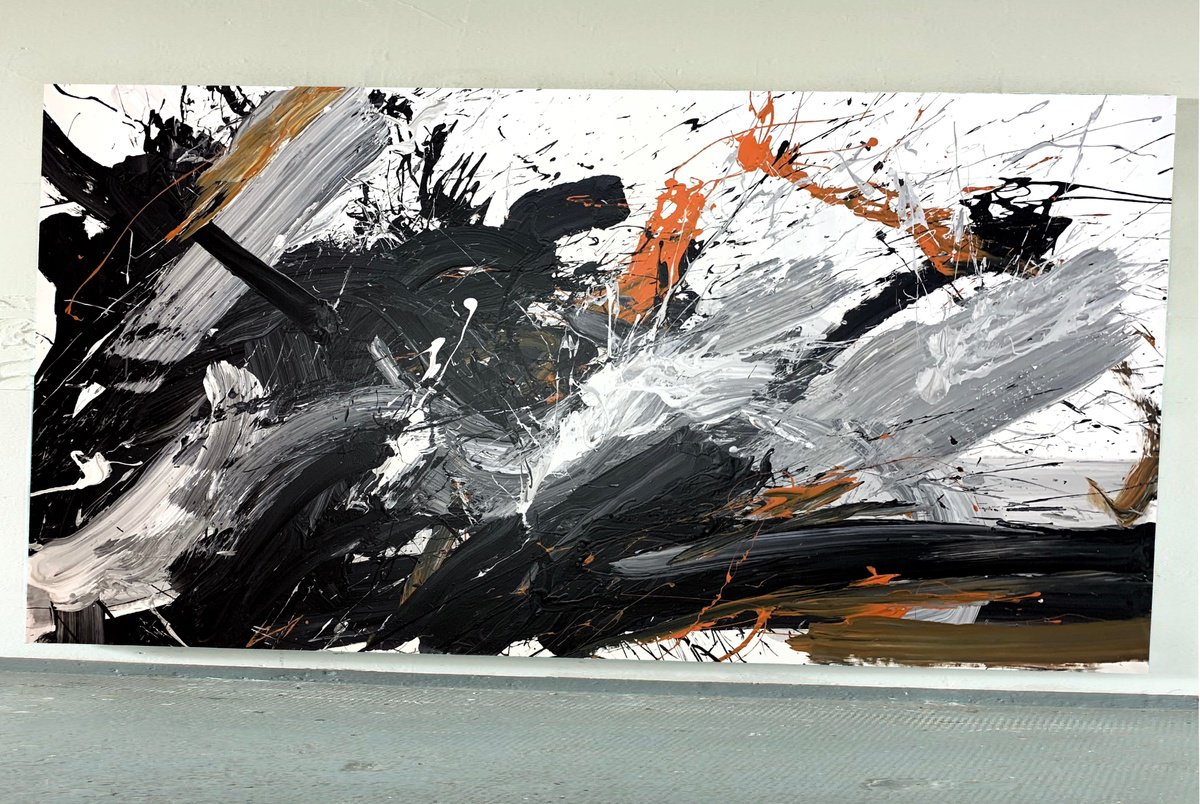 Expressive Abstract Acrylic Painting By Rosi Roys, 79 X 39", Black 86C, Original Artwork