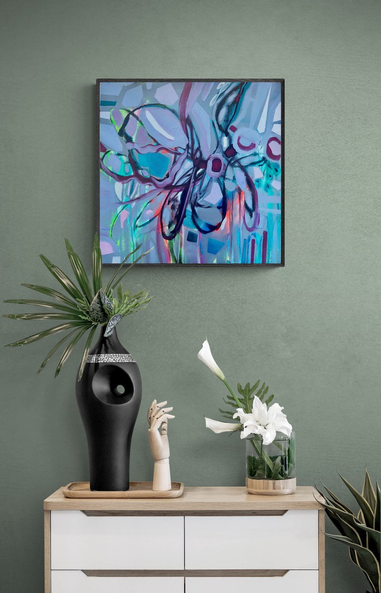 EARY DAYS- a square 50 x 50 cm acrylic painting, very peri, blue, abstract flower by Yulia Ani