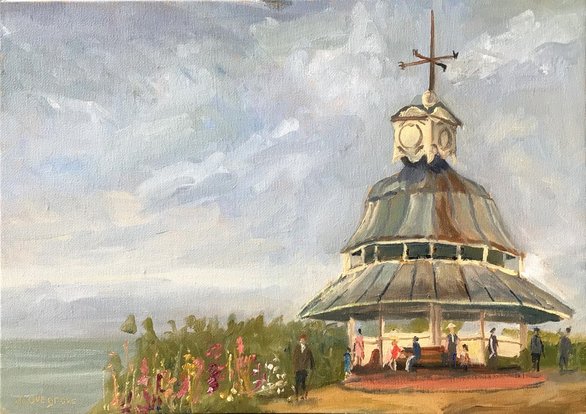 Clock tower and seaside shelter. This is an original plein air painting. by Julian Lovegrove Art
