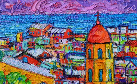 ABSTRACT VERNAZZA IMPRESSION CINQUE TERRE ITALY impasto textural modern impressionism palette knife oil painting by Ana Maria Edulescu