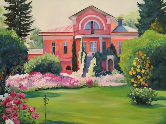 Impressionist landscape with a Manor and a Garden full of roses