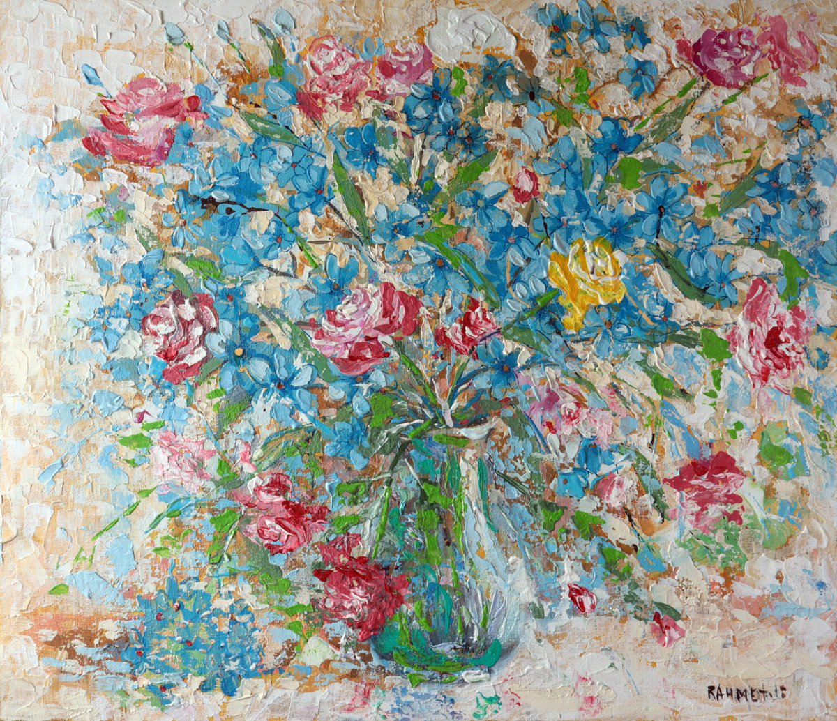 Impressionistic Botanical Acrylic Painting By Rakhmet Redzhepov, 28 X 24", Yellow Rose, Original Artwork