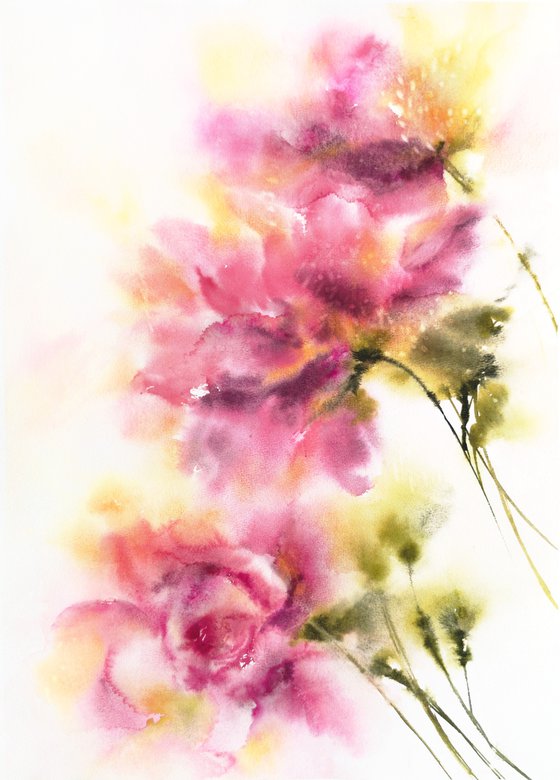 Pink flowers, abstract floral bouquet, watercolor