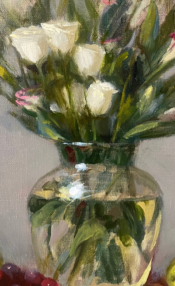 Flowers and Green Apples. Oil on linen