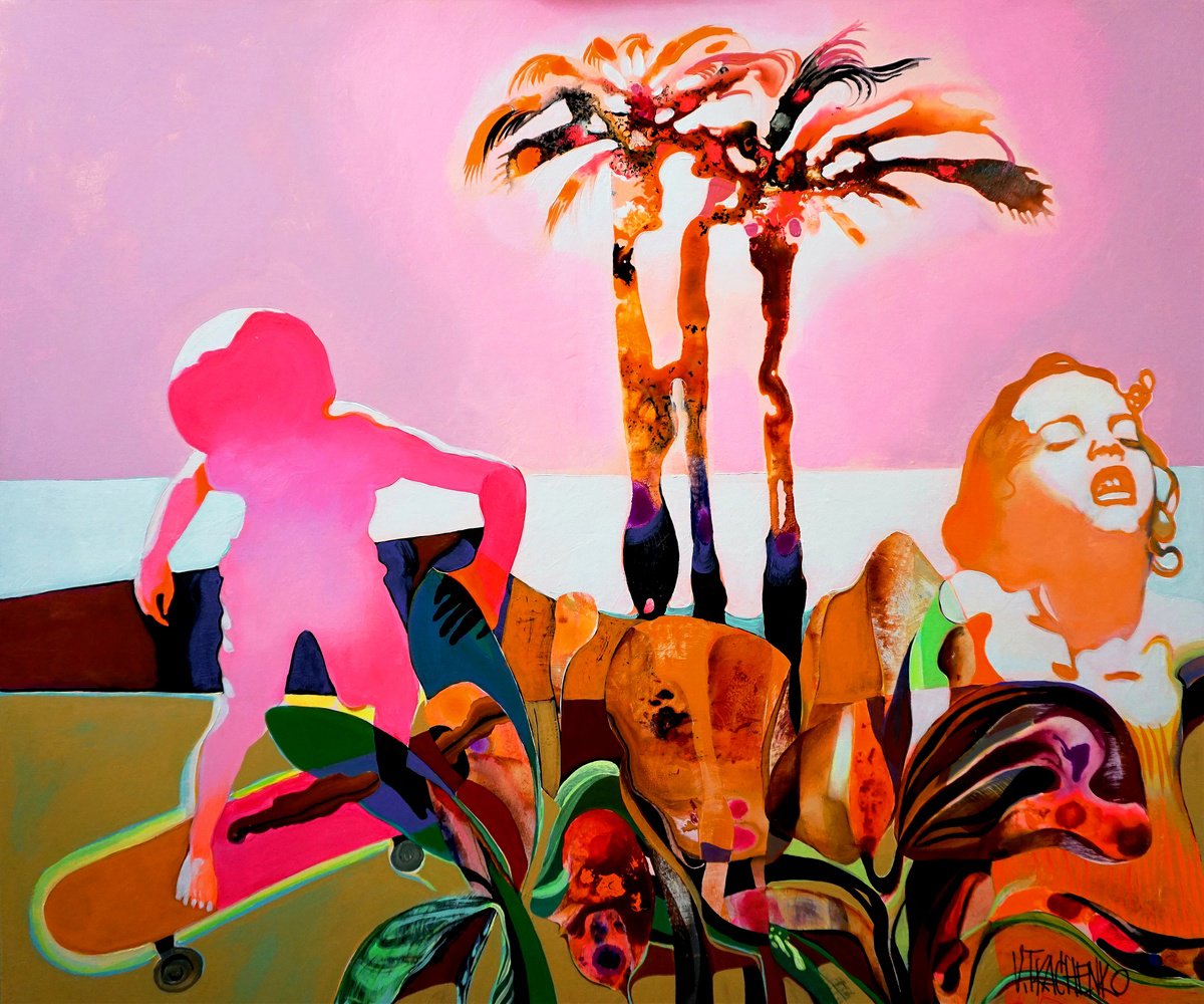 Organic Botanical Acrylic Painting By Victor Tkachenko, 36 X 30", Ocean Drive, Original Artwork