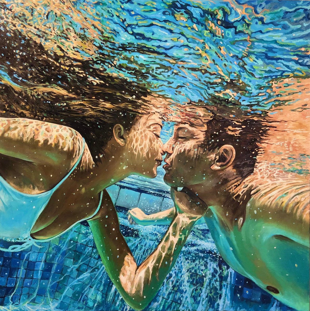 Freedom and love - Original oil painting; Underwater; seascape; Pool; Splash; Summer; Naut... by Daria Dudochnykova