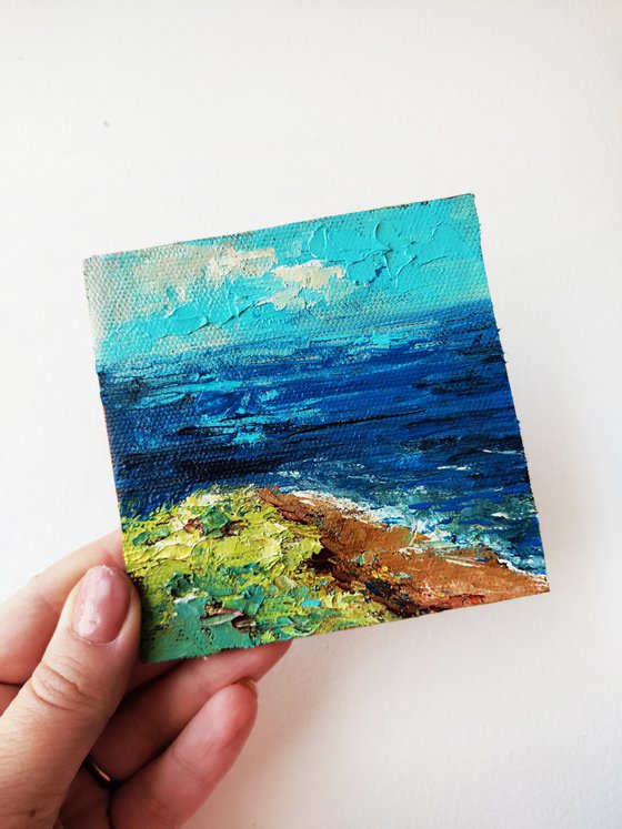 Ocean landscape art painting original 4x4, Abstract art landscape wall art mini painting, One of kind art gift