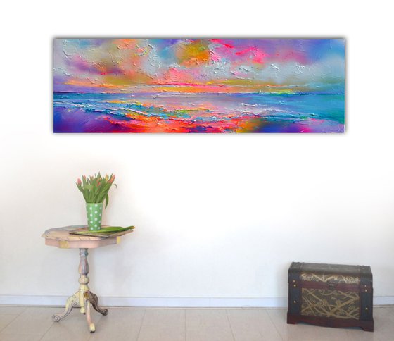 New Horizon 151 - 120x40 cm, Colourful Painting, Colourful Sunset Painting, Impressionistic Colorful Painting, Large Modern Ready to Hang Abstract Landscape, Pink Sunset, Sunrise, Ocean Shore