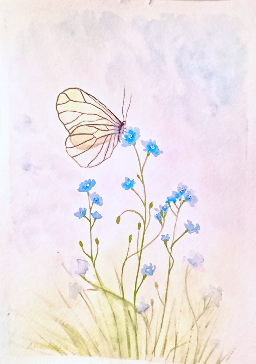 Butterfly and blue flowers by Svetlana Vorobyeva