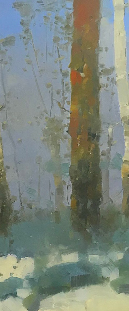Viridian Birches, Landscape oil painting, Handmade artwork by Vahe Yeremyan