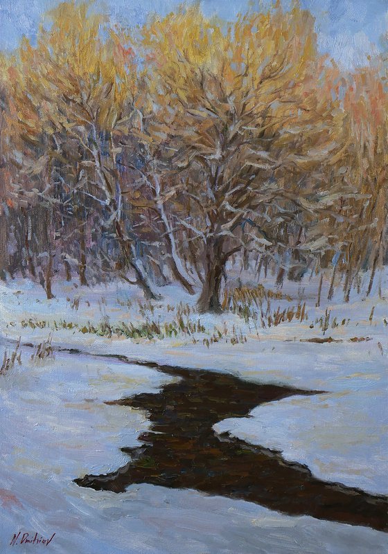 Winter river landscape painting