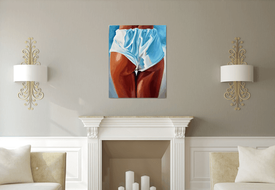 FRESH AND CLEAN - original painting sea swimming erotic art white blue shorts legs erotic art nude sexy pop art office interior home decore