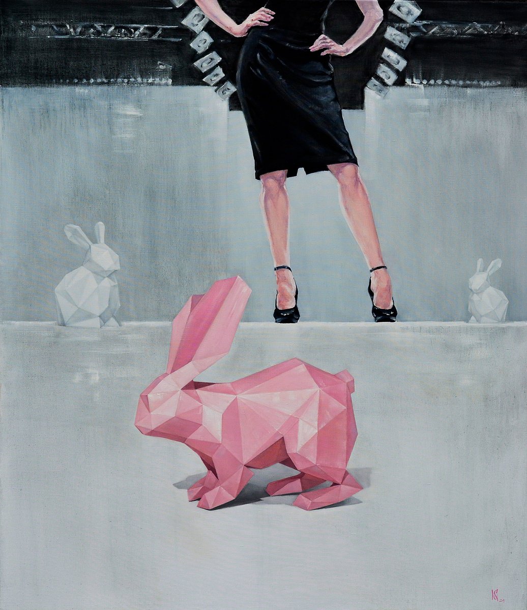 Urban And Pop Oil Painting , Pink Paper Rabbit By Oleg Kateryniuk, 45 X 53, Artwork For Sale On Artfinder