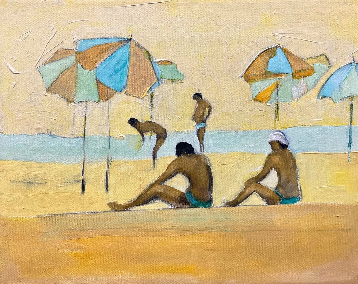 Expressive Abstract Oil Painting By Romuald Mulk Musiolik, 10 X 8", Beach Miniatura 2, Original Artwork