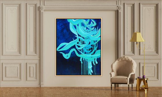 Large Blue Abstract Teal Turquoise Painting on Canvas. Bold Modern Art with Brush Strokes Texture