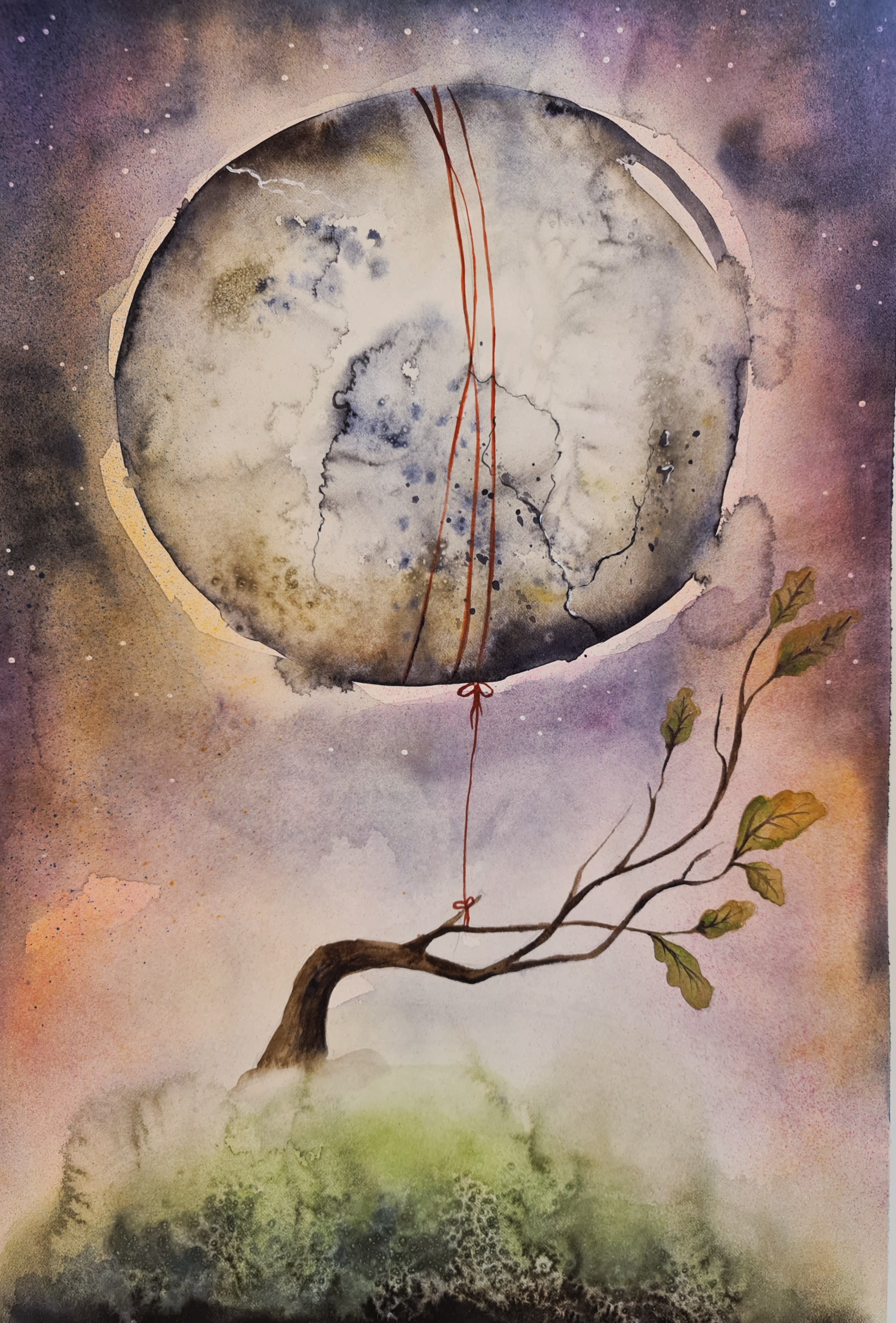 Surrealistic Landscape Watercolour By Evgenia Smirnova, 15 X 22, Roots To The Stars, Original Artwork