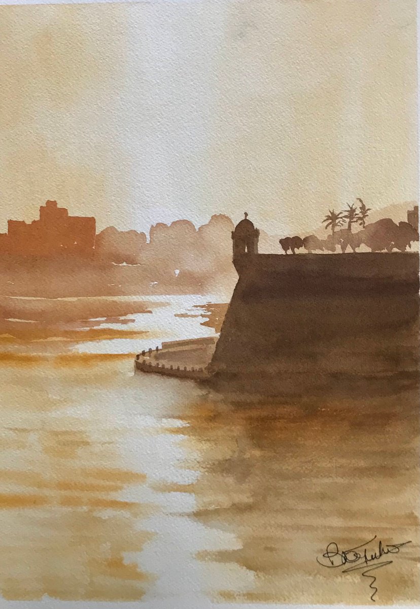 Expressive Landscape Watercolour By Brian Tucker, 10 X 14, Dawn Light At Valletta Harbour, Original Artwork