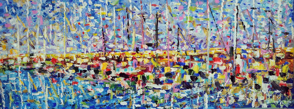 Abstract Acrylic Painting By Antonino Puliafico, 150 X 55, Porto In Estate, Original Artwork