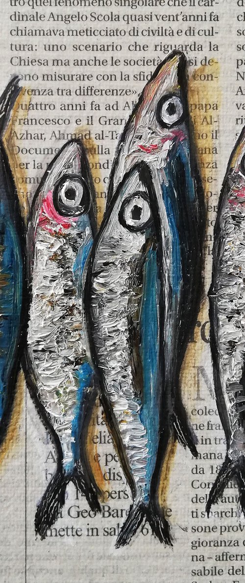 "Small Fishes on Newspaper" Original Oil on Canvas Board Painting 6 by 6 inches (15x15 cm) by Katia Ricci