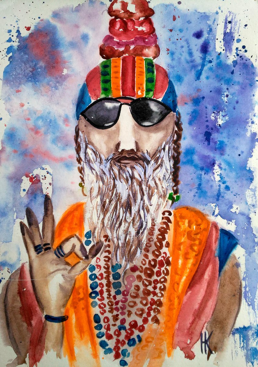 Hindu Painting Portrait Original Art Man Watercolor Male Portrait Small Artwork Hindu Guru... by Halyna Kirichenko