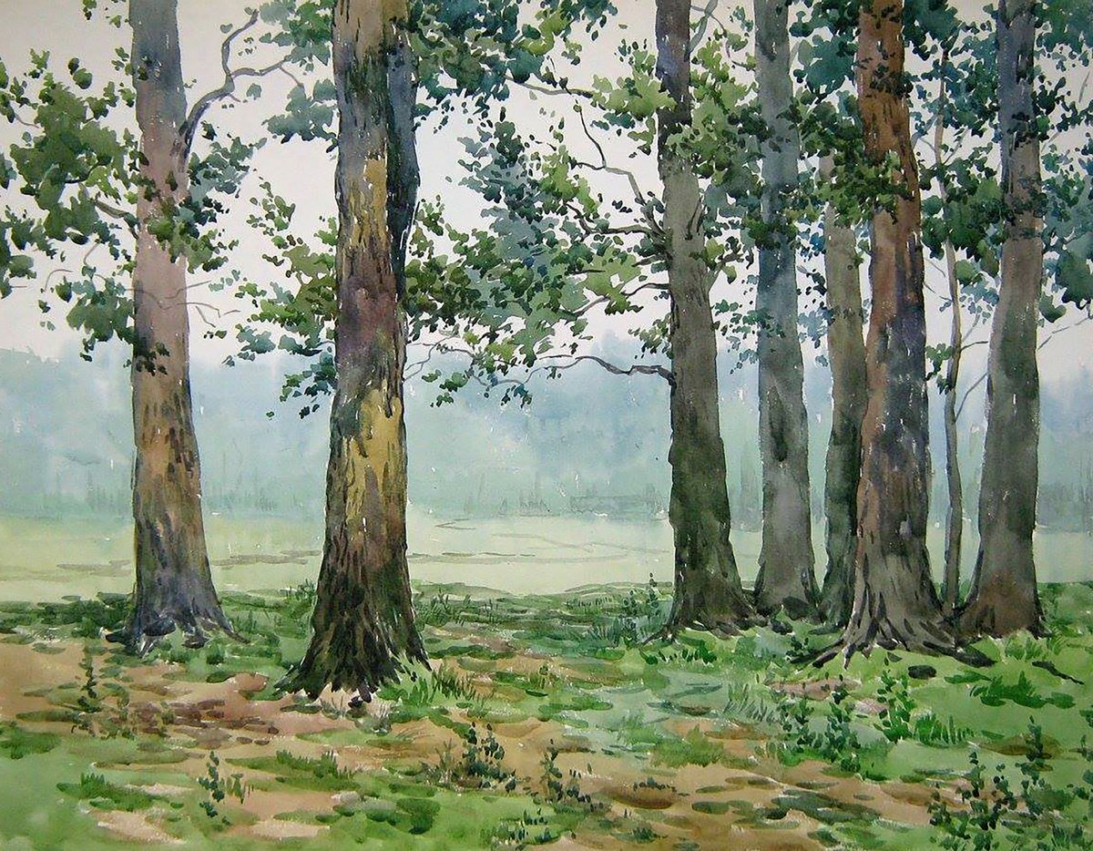 Impressionistic Landscape Watercolour By Valeriy Savenets-1, 25 X 19", Cloudy Morning, Original Artwork