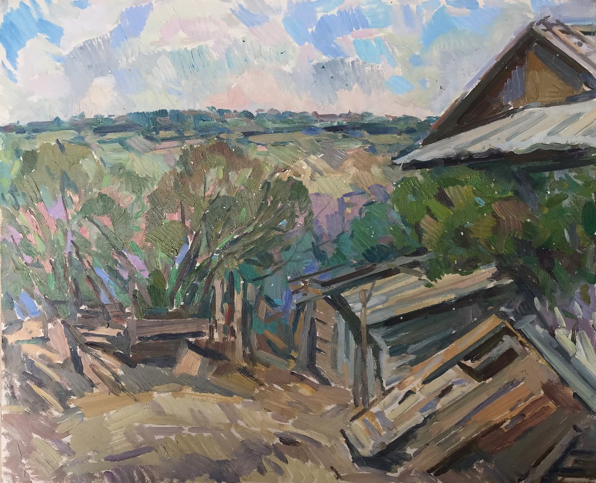 Impressionistic Landscape Oil Painting By Peter Tovpev, 21 X 17", Village Life, Original Artwork