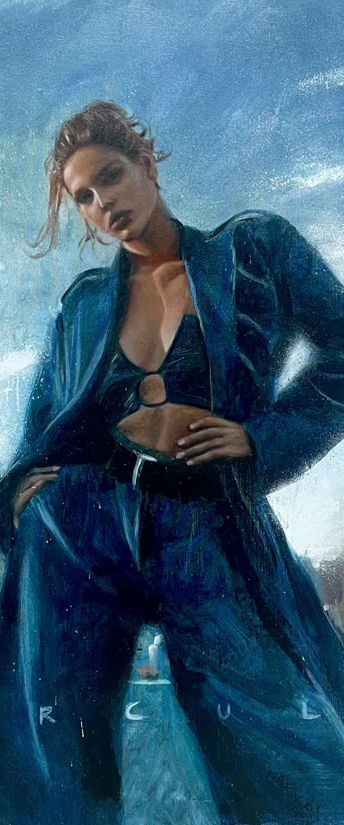 Boss babe, woman in blue suit city background by Renske Karlien Hercules