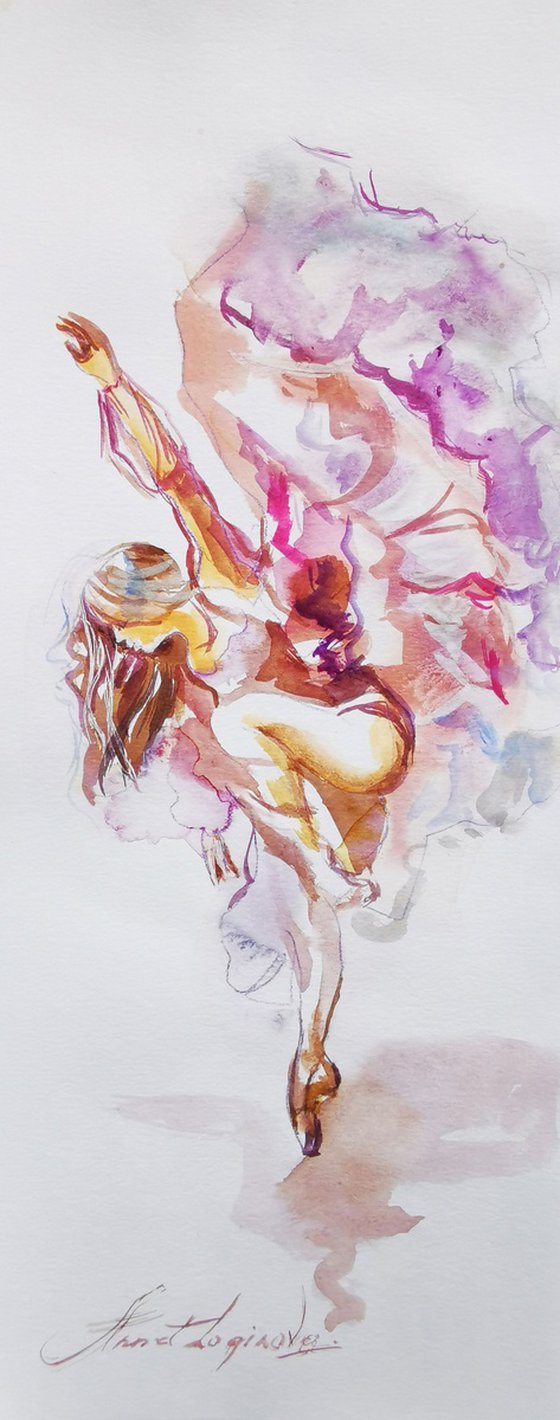 Watercolor Ballet Miniature with Expressive Rosy Hues