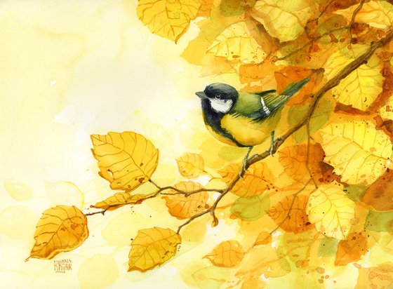 Great tit in golden autumn