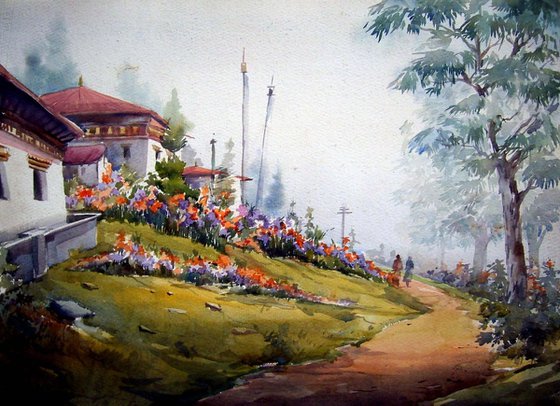 Beauty of Bhutan Village - Watercolor  Painting