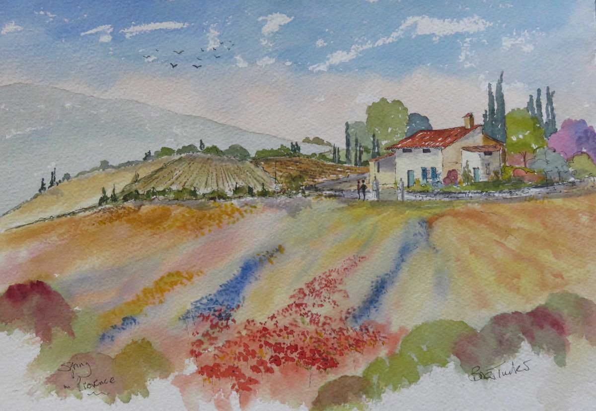 Impressionistic Landscape Watercolour By Brian Tucker, 14 X 10, Spring In Provence, Original Artwork