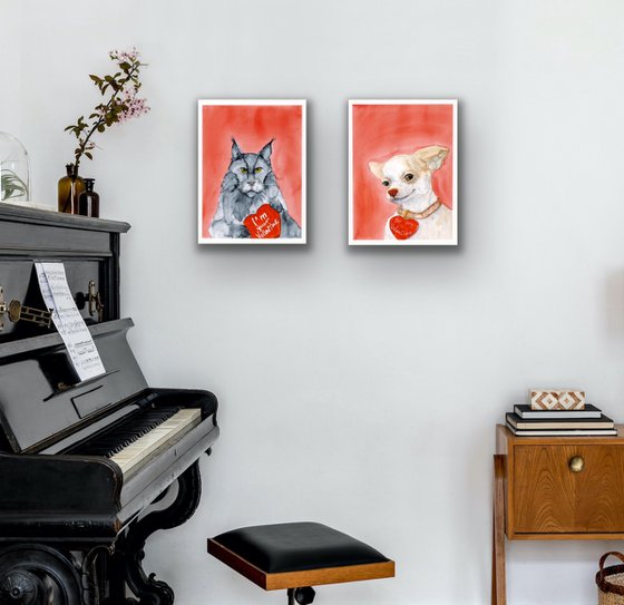 Set of 2 portrait of maine coon cat and chihuahua dog with red heart