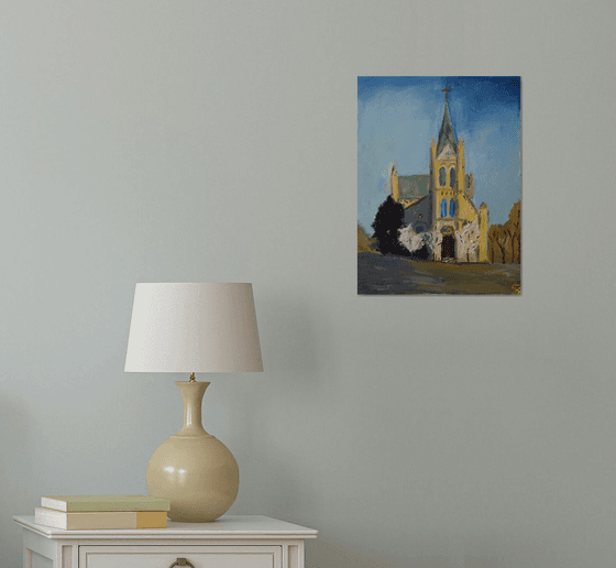 Oil painting Blossoming Church Blumental in Bratislava, Slovakia