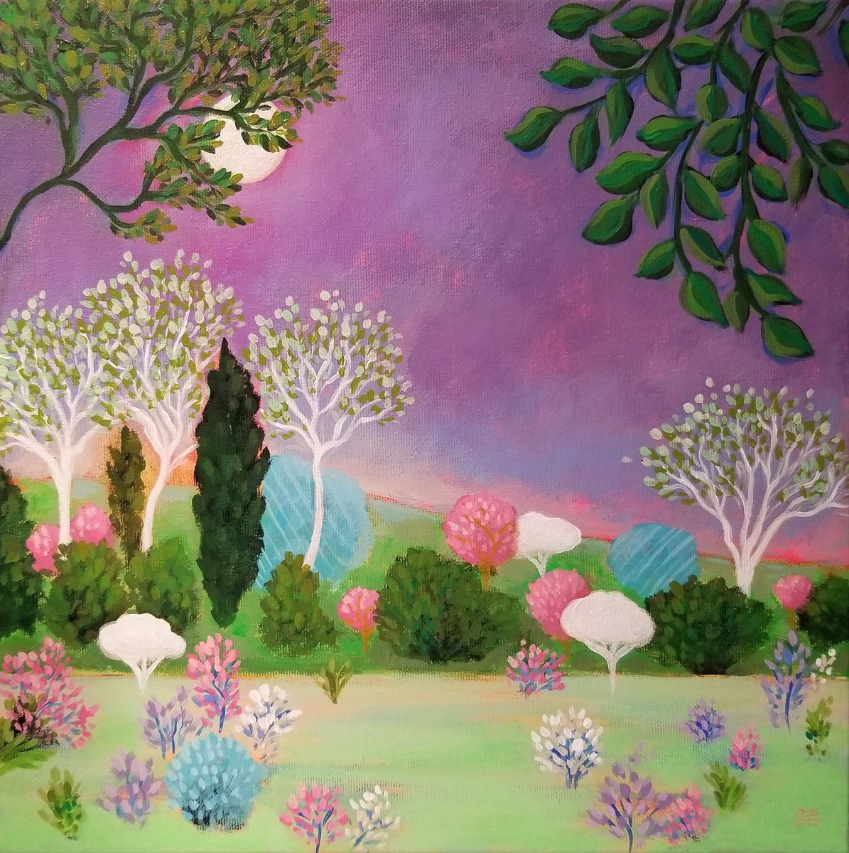 Impressionistic Landscape Acrylic Painting By Karen Rieger, 12 X 12", Pink Said I Love You, Original Artwork