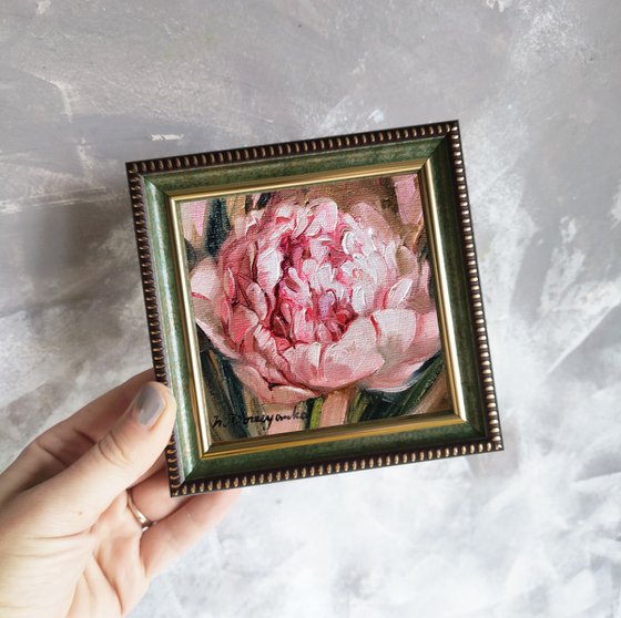 Peony flower painting original on canvas wall art, Small art framed pink flowers, Christmas gift for sister