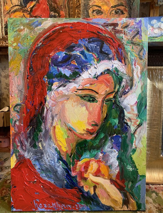 GIRL WITH APPLE IN A RED SCARF  female portrait, face, original oil painting, oriental theme 70x50