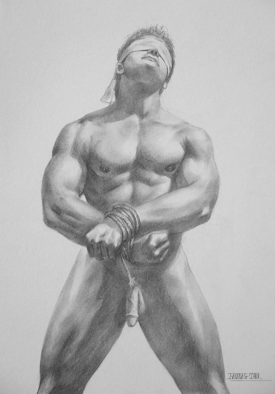original art drawing charcoal male nude man  on paper #16-4-13-04