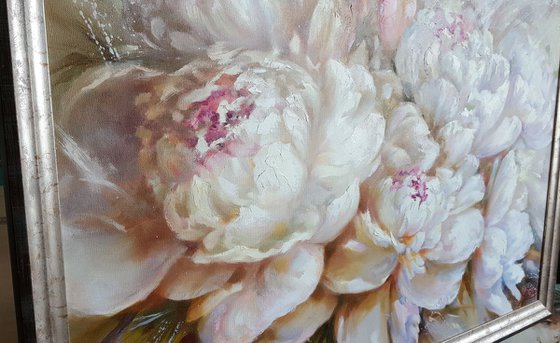 Flowers Bouquet of peonies - large oil original impasto painting