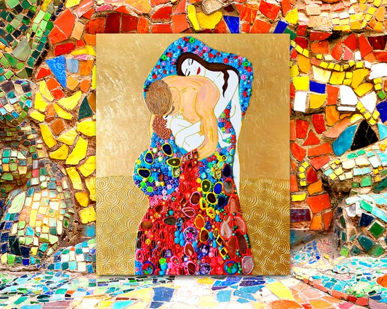 Family portrait, father mother and baby. Man woman child love art with natural gemstones, gold leaf (petal), Murano glass mosaic