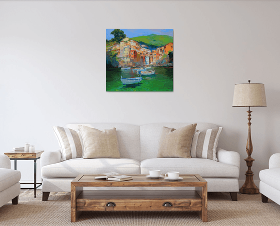 Riomaggiore, Italy seascape oil painting- impasto painting - Italian bay area art work